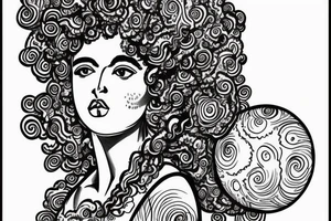 Full body greek goddess with a beaut tint Afro and swirling planets around her head. She is wearing a toga of swirling clouds, carrying a large intricate bow and quiver tattoo idea