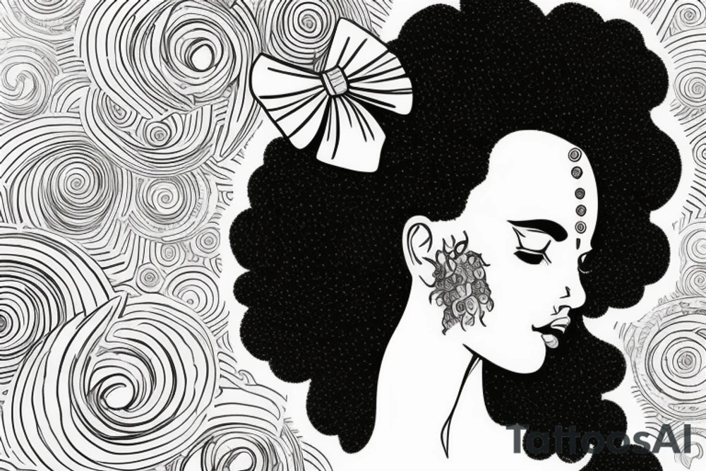 Full body greek goddess with a beaut tint Afro and swirling planets around her head. She is wearing a toga of swirling clouds, carrying a large intricate bow and quiver tattoo idea