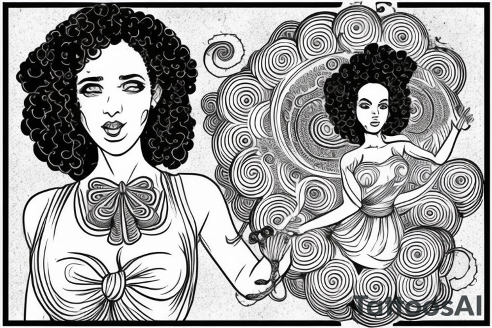 Full body greek goddess with a beautiful Afro and swirling planets around her head. She is wearing a toga of swirling clouds, carrying a large intricate bow and quiver tattoo idea