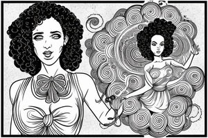 Full body greek goddess with a beautiful Afro and swirling planets around her head. She is wearing a toga of swirling clouds, carrying a large intricate bow and quiver tattoo idea