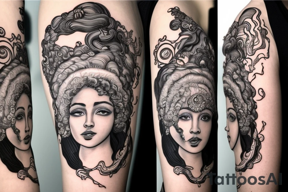 Full body greek goddess with a beautiful Afro and swirling planets around her head. She is wearing a toga of swirling clouds, carrying a large intricate bow and quiver tattoo idea