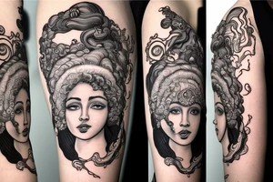 Full body greek goddess with a beautiful Afro and swirling planets around her head. She is wearing a toga of swirling clouds, carrying a large intricate bow and quiver tattoo idea