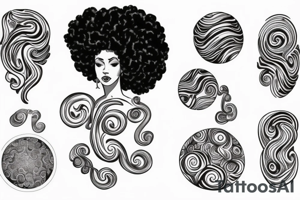 Full body greek goddess with a beautiful Afro and swirling planets around her head. tattoo idea