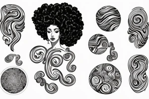 Full body greek goddess with a beautiful Afro and swirling planets around her head. tattoo idea