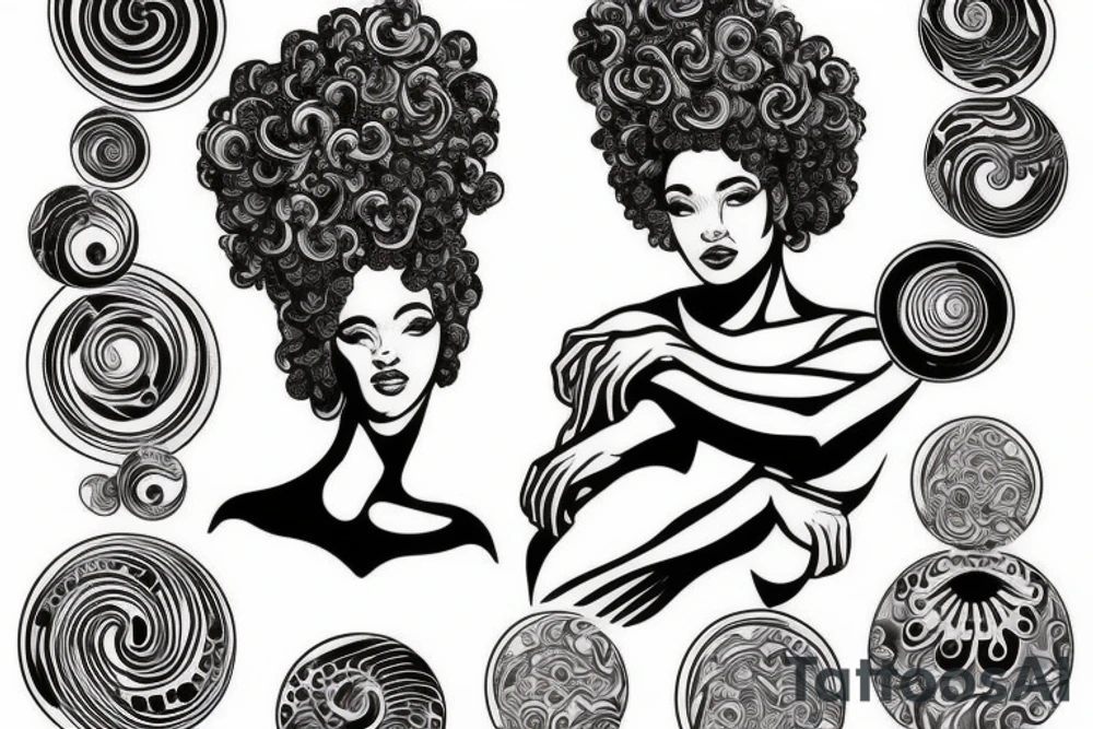 Full body greek goddess with a beautiful Afro and swirling planets around her head. tattoo idea