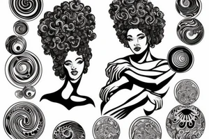 Full body greek goddess with a beautiful Afro and swirling planets around her head. tattoo idea