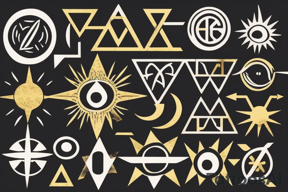 Minimalist geometric design. Vector set of sacred symbols arrows, moon, sun, eye and compass on black grunge background. Gold abstract mystic signs collection drawn in lines. Magic craft. tattoo idea
