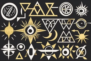 Minimalist geometric design. Vector set of sacred symbols arrows, moon, sun, eye and compass on black grunge background. Gold abstract mystic signs collection drawn in lines. Magic craft. tattoo idea