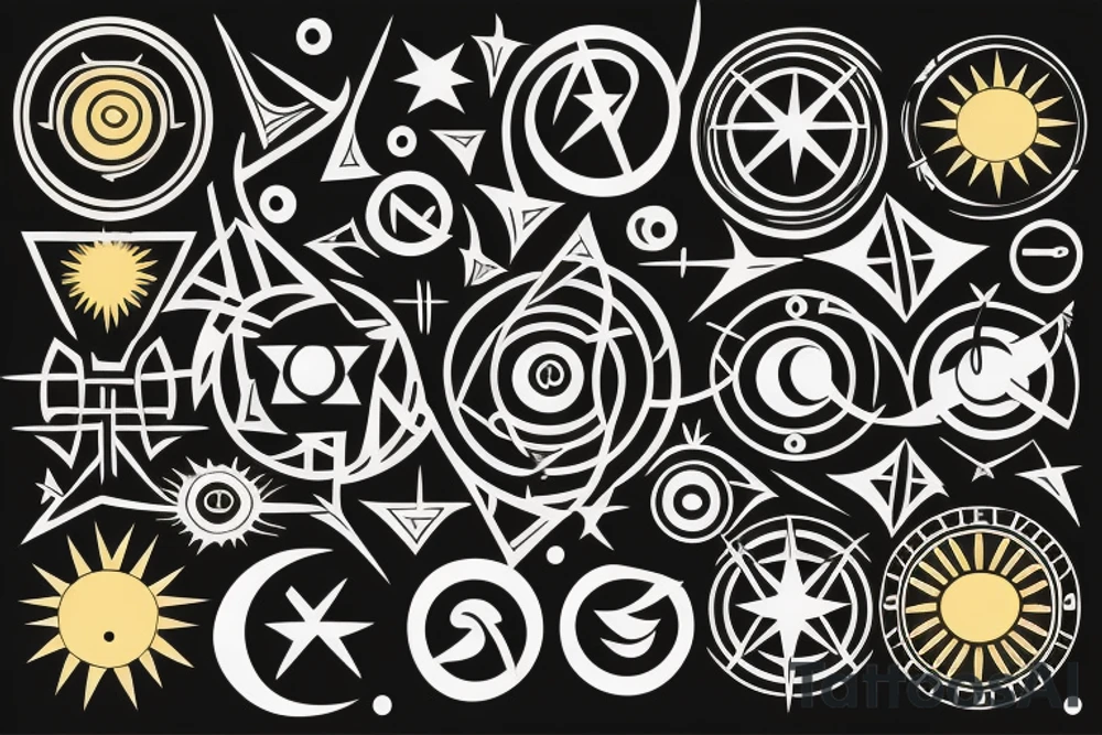 Minimalist geometric design. Vector set of sacred symbols arrows, moon, sun, eye and compass on black grunge background. Gold abstract mystic signs collection drawn in lines. Magic craft. tattoo idea