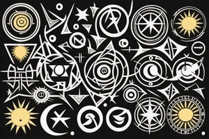 Minimalist geometric design. Vector set of sacred symbols arrows, moon, sun, eye and compass on black grunge background. Gold abstract mystic signs collection drawn in lines. Magic craft. tattoo idea