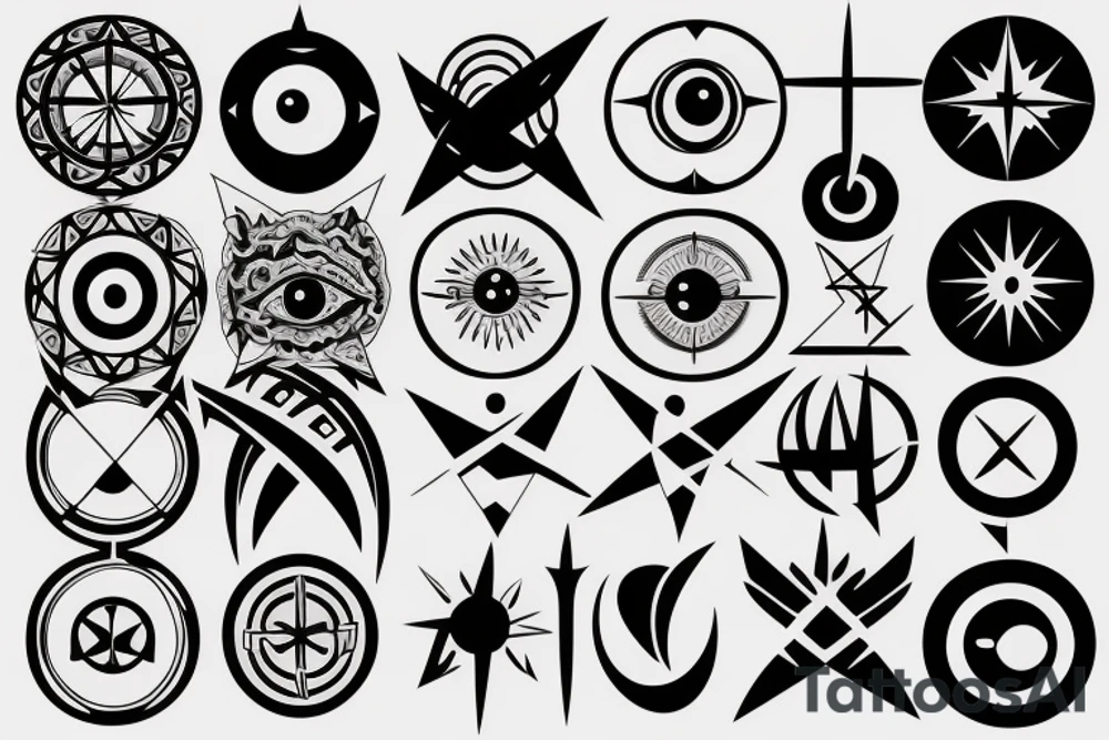 Minimalist geometric design. Vector set of sacred symbols arrows, moon, sun, eye and compass with abstract mystic signs collection drawn in lines. Magic craft. tattoo idea