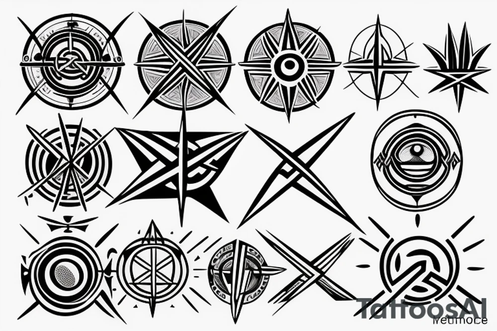 Minimalist geometric design. Vector set of sacred symbols arrows, moon, sun, eye and compass with abstract mystic signs collection drawn in lines. Magic craft. tattoo idea