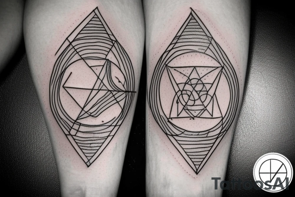 Geometric design with clean lines. Arrow design with lines, circles, and triangles. Include elements of celestial symbols and a compass. Abstract. Circuit board. tattoo idea