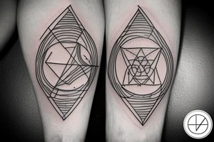 Geometric design with clean lines. Arrow design with lines, circles, and triangles. Include elements of celestial symbols and a compass. Abstract. Circuit board. tattoo idea