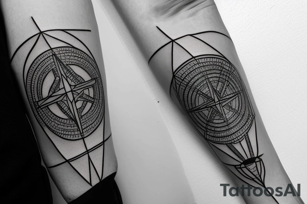 Geometric design with clean lines. Arrow design with lines, circles, and triangles. Include elements of celestial symbols and a compass. Abstract. Circuit board. tattoo idea