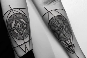 Geometric design with clean lines. Arrow design with lines, circles, and triangles. Include elements of celestial symbols and a compass. Abstract. Circuit board. tattoo idea