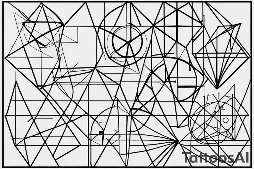 Geometric design with simple, clean lines. Abstract almost like a circuit board. Free space. Include lines, circles, triangles, elements of a compass and celestial symbols. tattoo idea