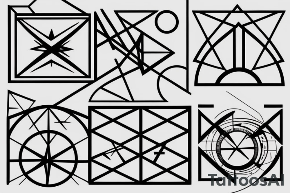 Geometric design with simple, clean lines. Abstract almost like a circuit board. Free space. Include lines, circles, triangles, elements of a compass and celestial symbols. tattoo idea