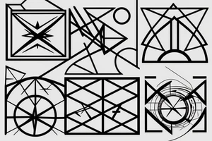 Geometric design with simple, clean lines. Abstract almost like a circuit board. Free space. Include lines, circles, triangles, elements of a compass and celestial symbols. tattoo idea