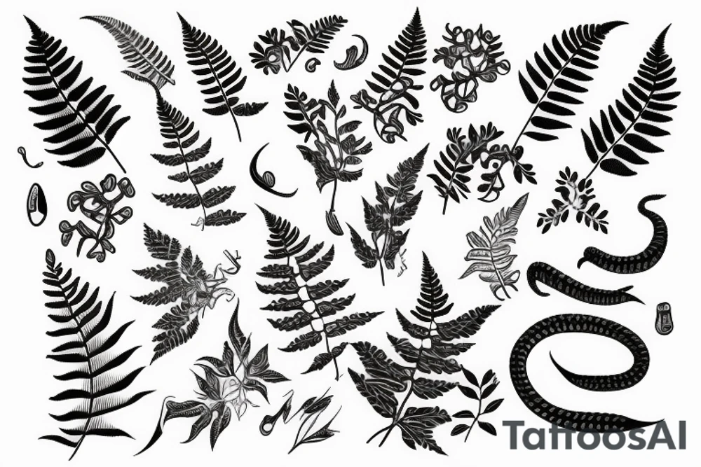 Snake and maidenhair ferns tattoo idea