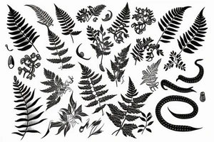 Snake and maidenhair ferns tattoo idea