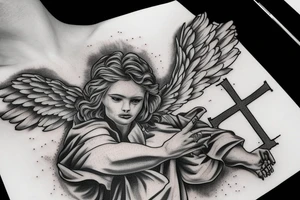 whole right hand, angel, cross, heaven, faith tattoo idea