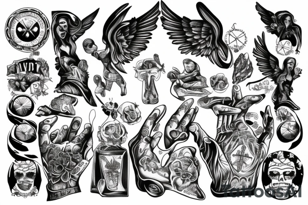 whole right hand, angel, cross tattoo idea