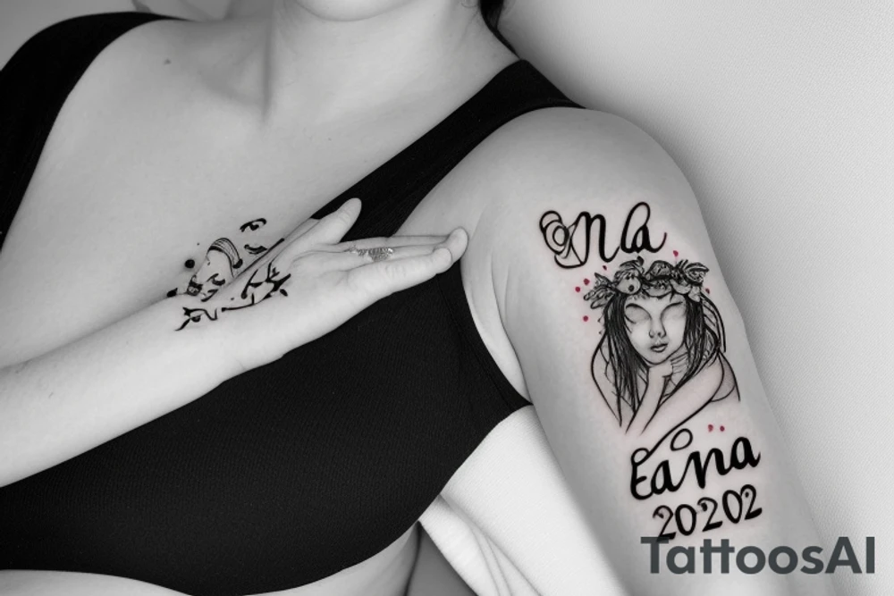 The name of a newborn "Elena" , with her birthdate 8.May 2022 written on the arm tattoo idea