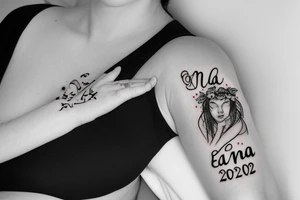 The name of a newborn "Elena" , with her birthdate 8.May 2022 written on the arm tattoo idea