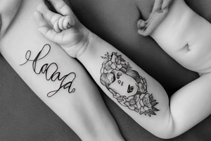 The name of a newborn "Elena" , with her birthdate 8.May 2022 written on the arm for man tattoo idea