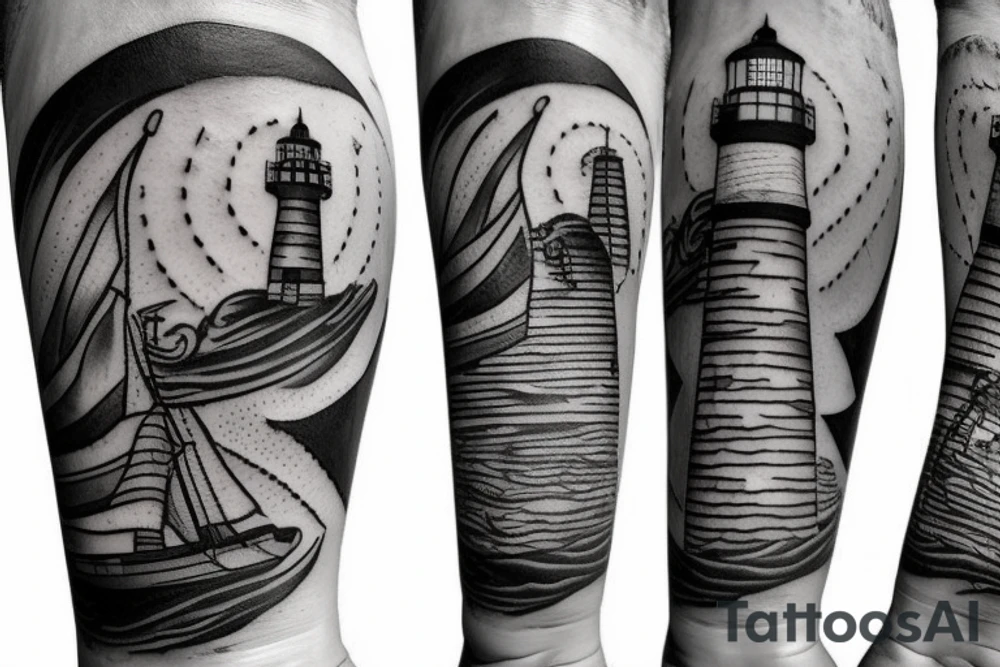 a lighthouse in space, a warrior is sailing to the lighthouse on a ship tattoo idea