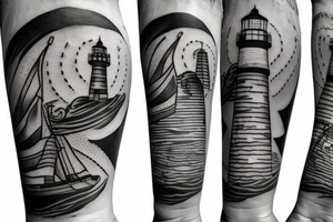 a lighthouse in space, a warrior is sailing to the lighthouse on a ship tattoo idea