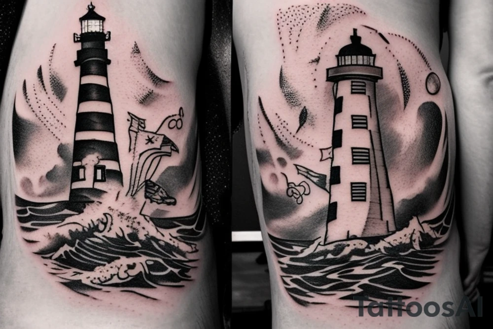a lighthouse in space, a warrior is sailing to the lighthouse on a ship tattoo idea
