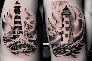 a lighthouse in space, a warrior is sailing to the lighthouse on a ship tattoo idea
