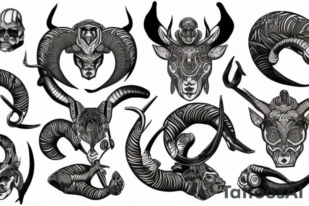 Nordic design of ram horns, sleeve, red eyes tattoo idea