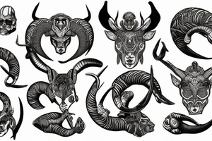 Nordic design of ram horns, sleeve, red eyes tattoo idea