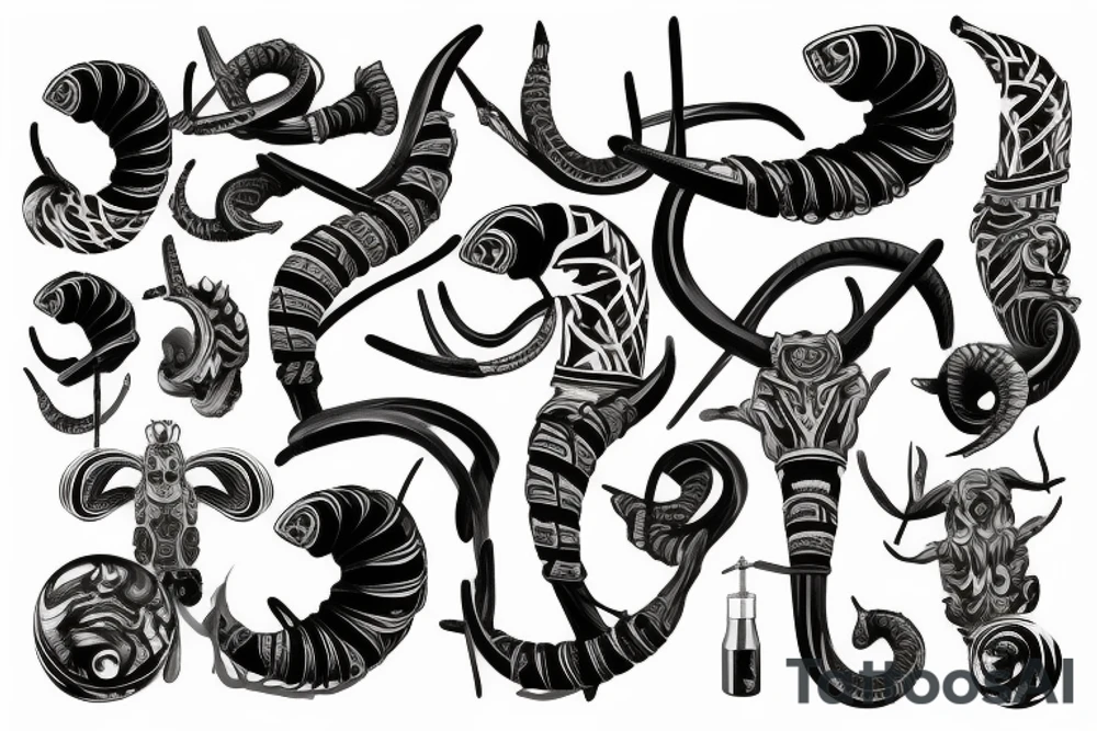 Nordic design of ram horns, sleeve, red eyes tattoo idea