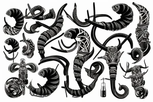 Nordic design of ram horns, sleeve, red eyes tattoo idea
