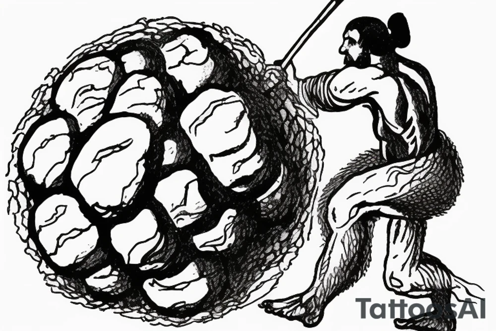 A classic image of Sisyphus would be a tattoo of him pushing the boulder up the hill. tattoo idea