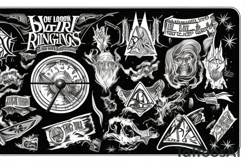 Lord of the rings gate, back to the future skateboard, Harry Potter wand and signs tattoo idea