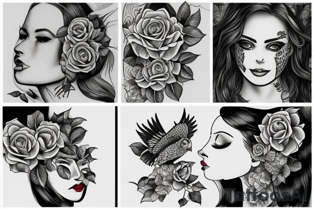 Woman’s face covered with roses with falcon on the top tattoo idea
