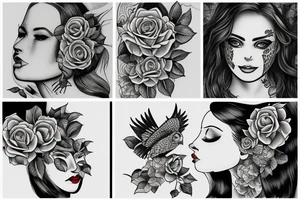 Woman’s face covered with roses with falcon on the top tattoo idea