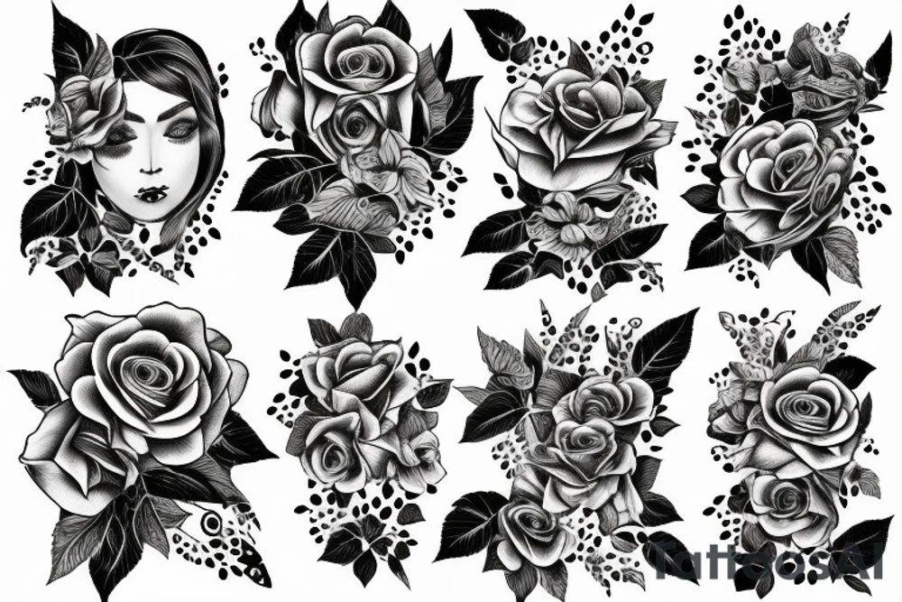Woman’s face covered with roses with falcon on the top tattoo idea