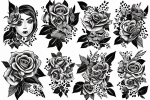 Woman’s face covered with roses with falcon on the top tattoo idea