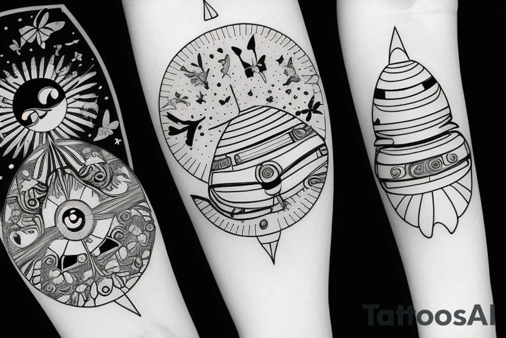 UFO in space with butterflies around the sun tattoo idea