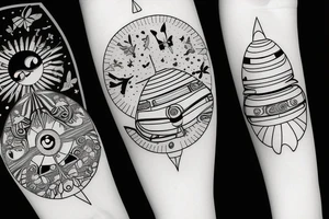 UFO in space with butterflies around the sun tattoo idea