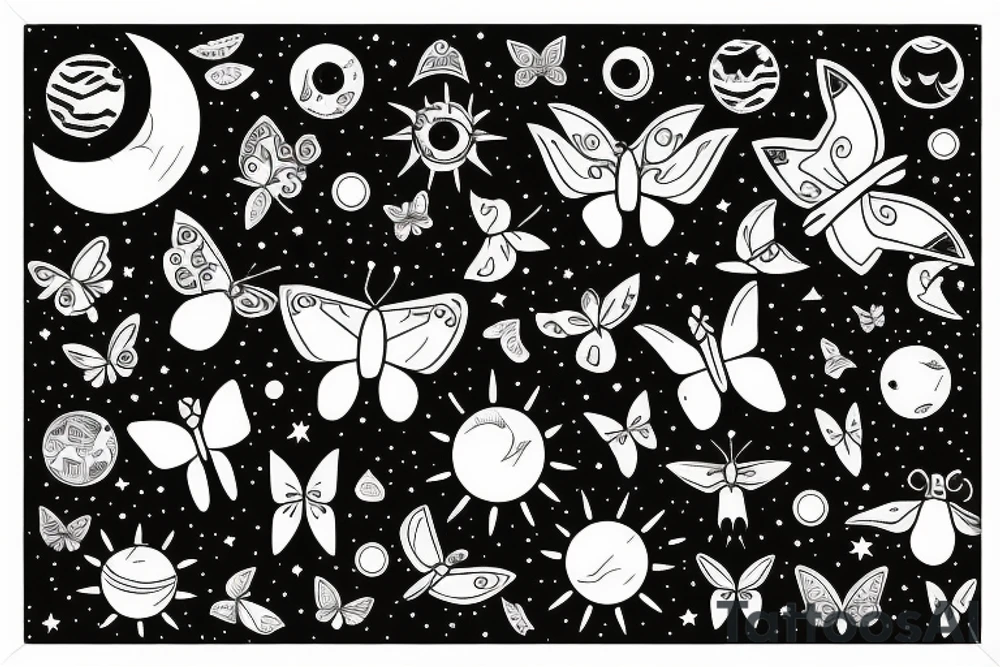 UFO in space with butterflies around the sun tattoo idea
