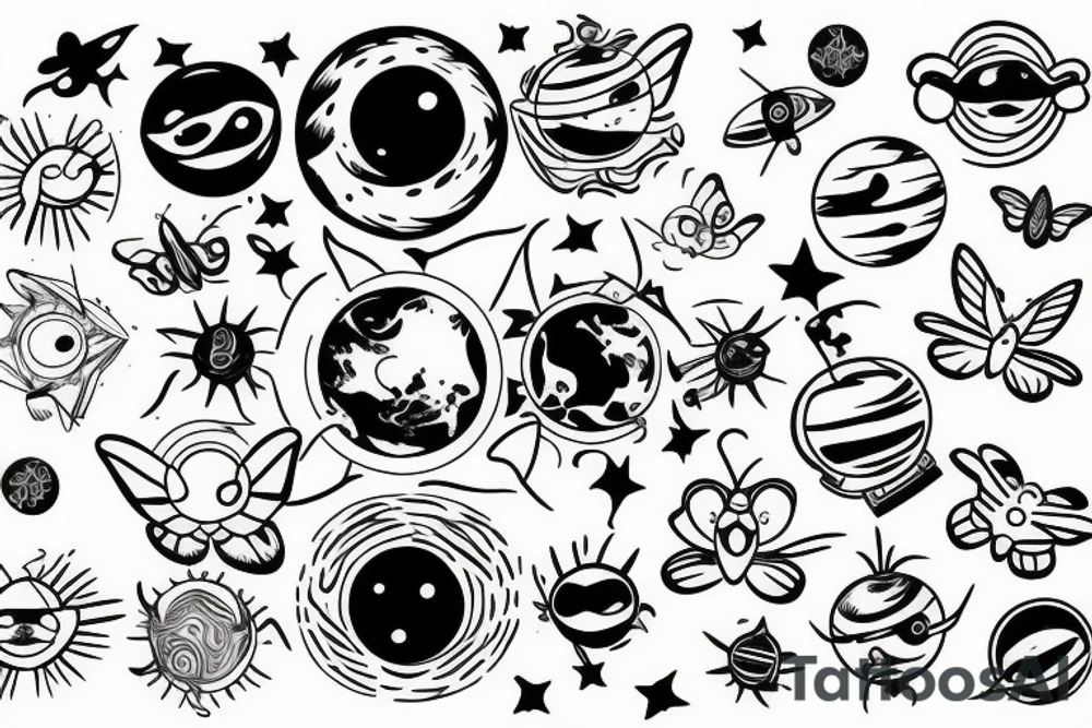 UFO in space with butterflies around the sun tattoo idea
