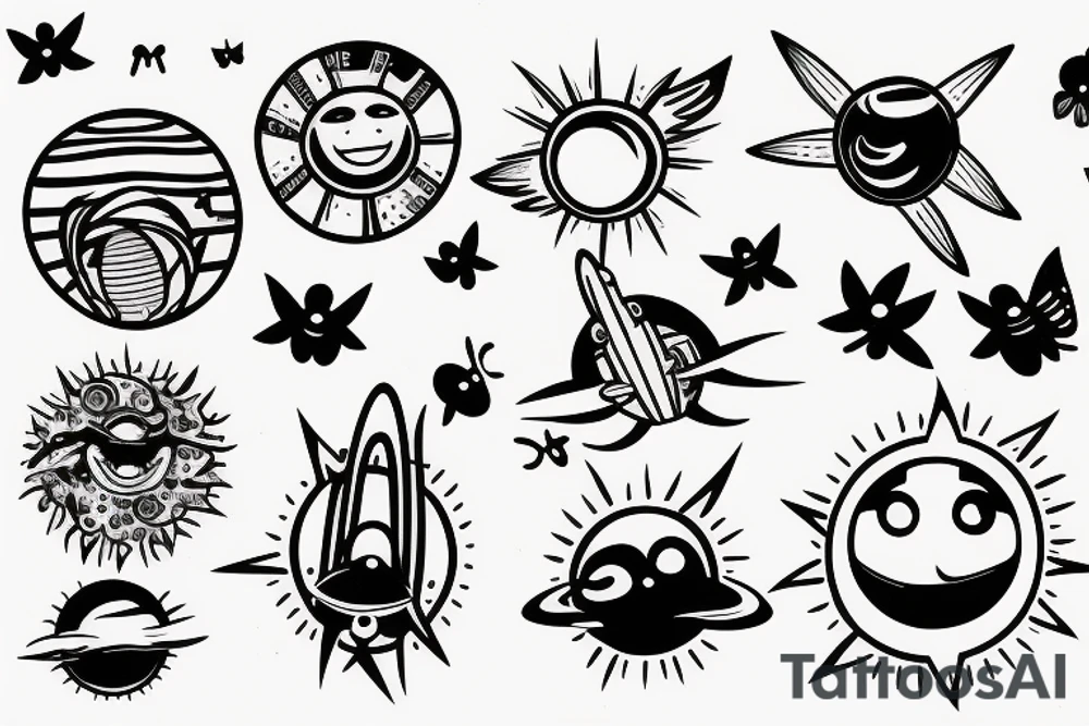 UFO in space with butterflies around the sun tattoo idea