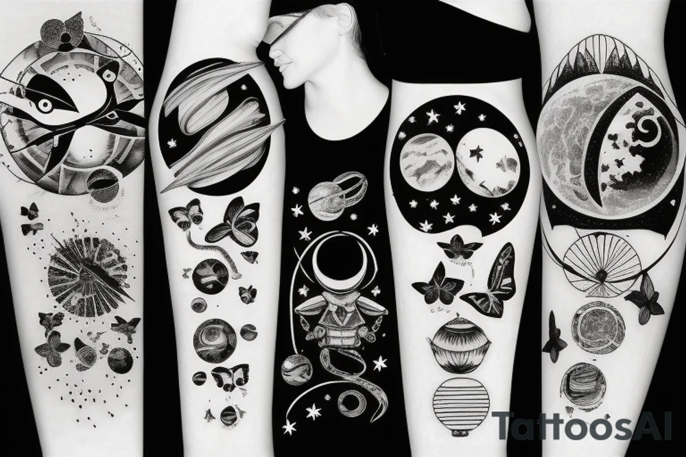 UFO in space with butterflies around the sun tattoo idea